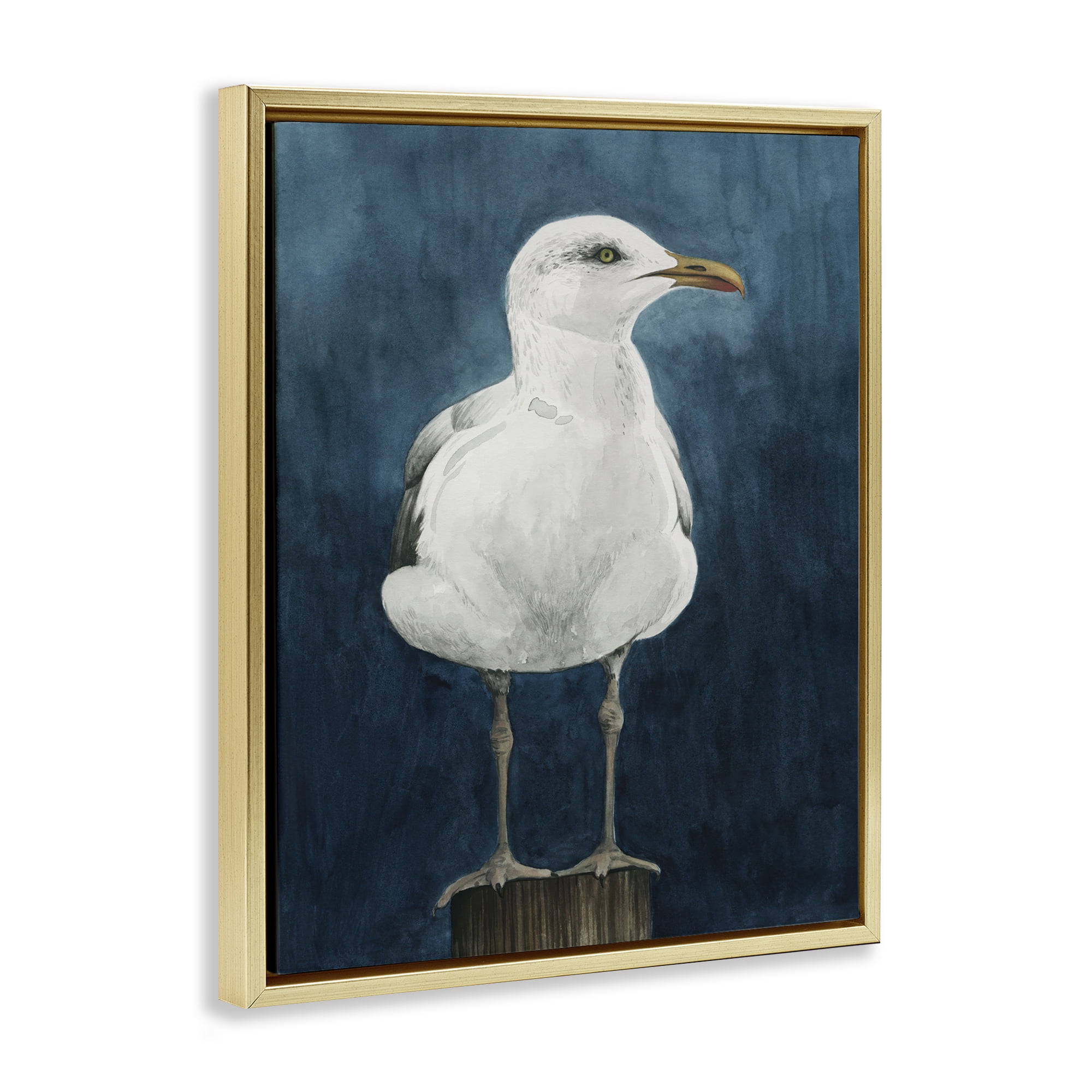 Stupell Industries Seagull Perched over Blue Animals Painting Gold Floater Framed Canvas Art Print Wall Art, 17 x 21