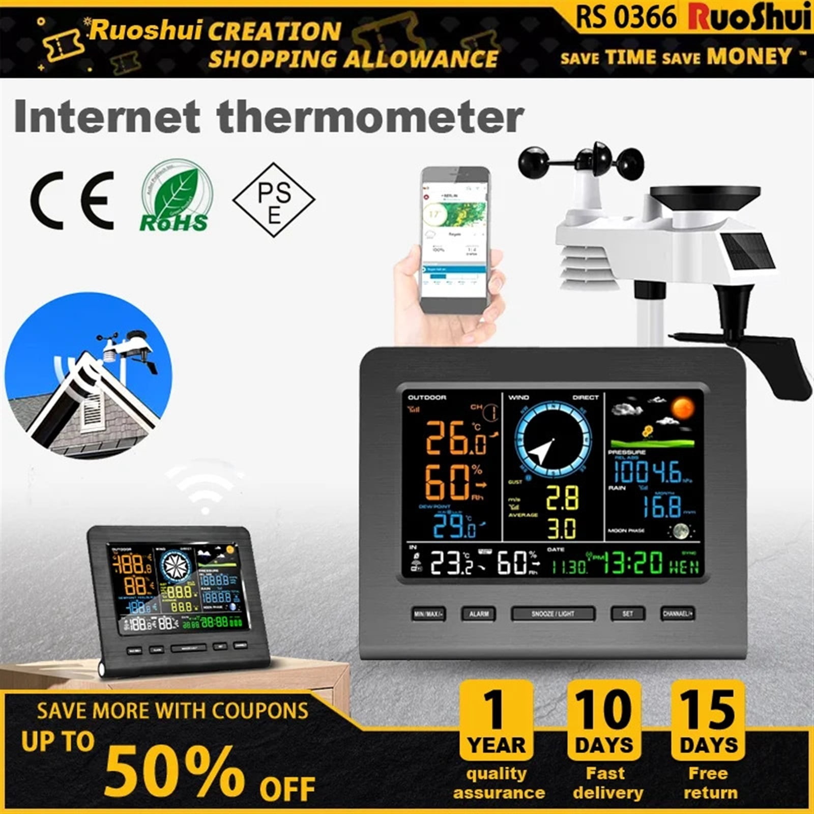 Internet Wireless Weather Station Weather Forecast Temperature Pressure Humidity Wind Rain Gauge Moon Phrase Alarm Clock Tester ,High Precision