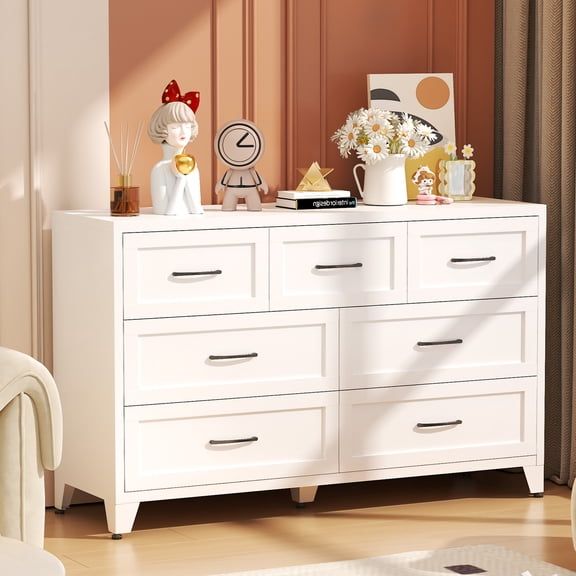 Glyxxen Metal 7 Drawer Dresser for Bedroom, 47" Wide Steel Chest Storage Cabinet Organizer with Anti-Tipping for Living Room, Entryway, Hallway, Home Office, White