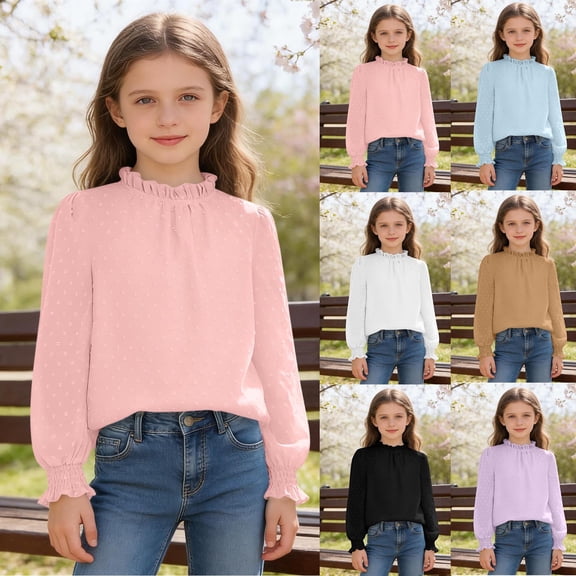 Babcutegg Solid Color Fleece Long Sleeve Girls’ Shirt with Ruffled Cuffs, Pleated Collar, and Sweet Feminine Design – Soft Comfortable Top White Size 9-10