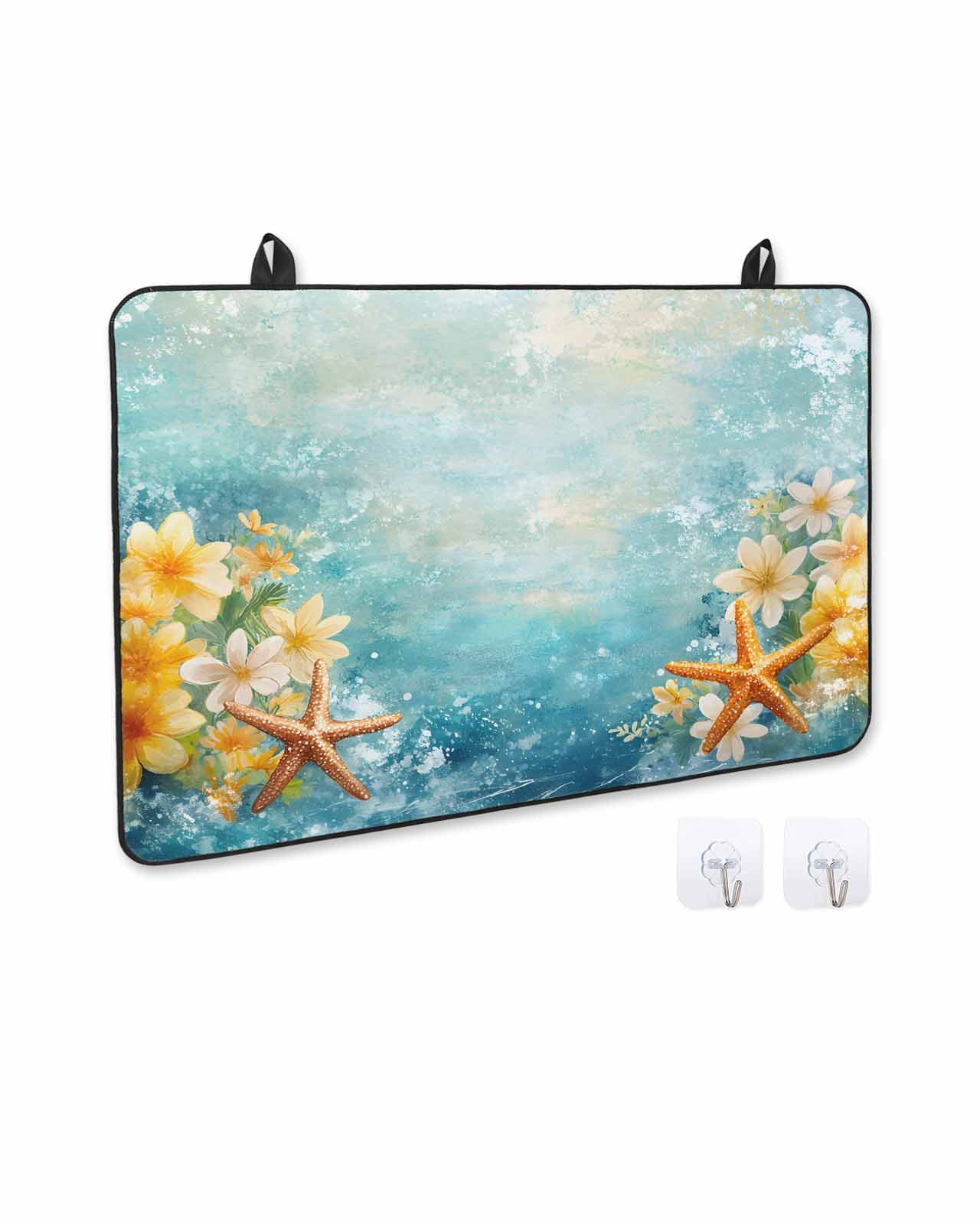 nqOlkjepod Large Induction Cooktop Protector Mat 24"x21", Summer Coastal Stove Top Covers for Electric Stove, Blue Ocean Starfish Botanical Flowers Stove Burner Cover Mats, Glass Top Stove Cover