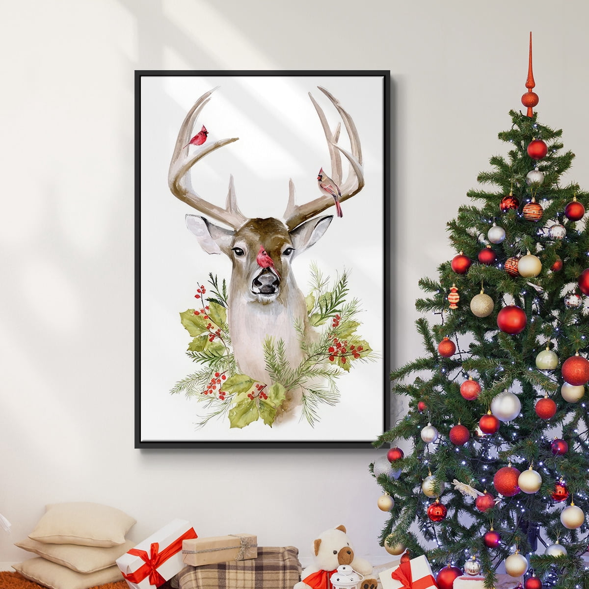 Holiday Deer Collection B - Framed Gallery Wrapped Holiday Canvas - 17 x 25 - Black Frame