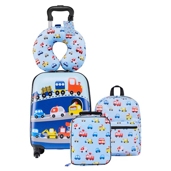VEVOR Kids Luggage Set, 5 Piece, 18 Inch Hardside Rolling Wheels Suitcase with Backpack & U-shape Pillow, Truck Kids Carry on Luggage Set, Holiday Birthday Gift for Girls Boys, Airline Approved