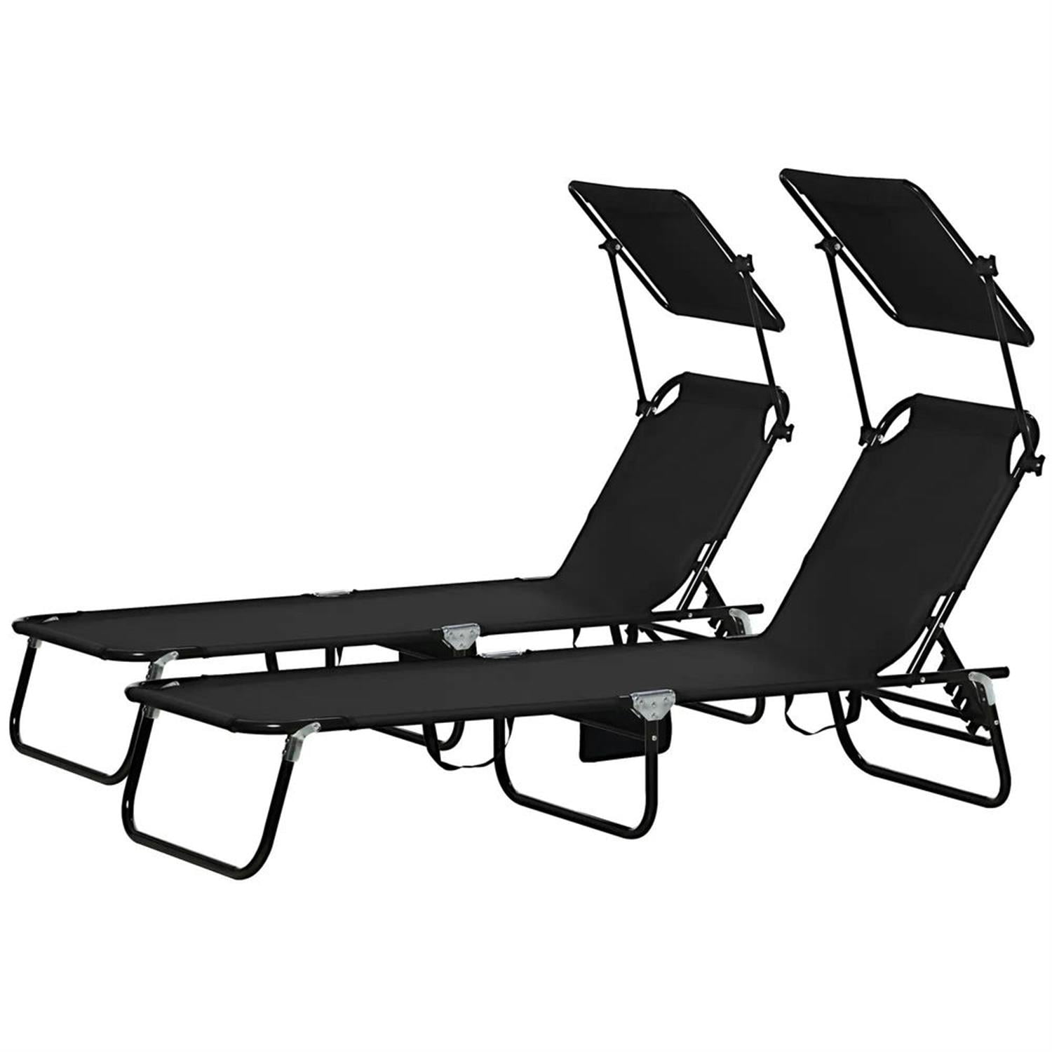 Demi Bonn Outdoor Folding Chaise Lounges Set of 2 with Canopy, Steel Frame, Side Pockets, Reclining Sun Chairs for Beach, Yard, Patio, Black