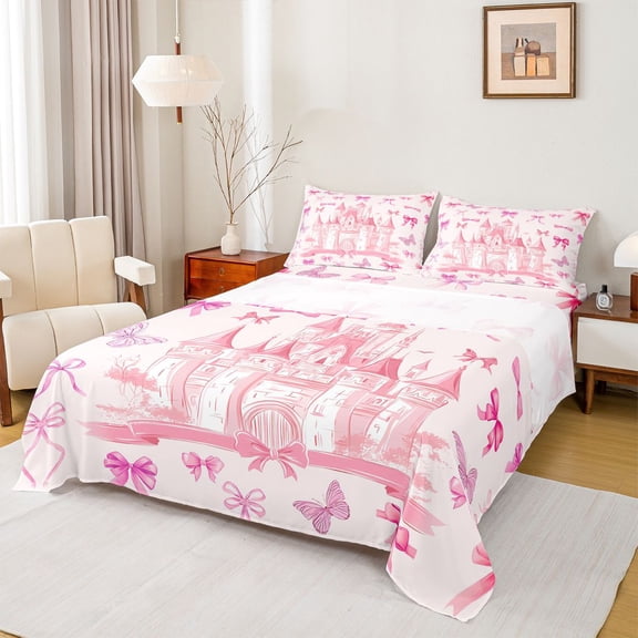 Homewish Pink Dreamy Castle Twin Sheet Sets,Cute Bowtie Ribbon Twin Fitted Sheet,Fairy Tale Princess Flat Sheet For Girl Teens,Luxury Bedroom Decor,3pcs