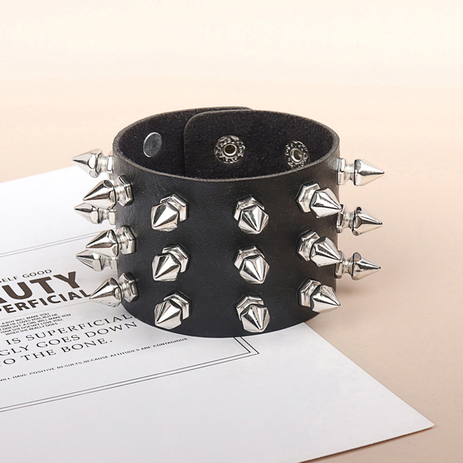 Leather Bracelet Punk Spike Rivets Cuff Metal Studded Black