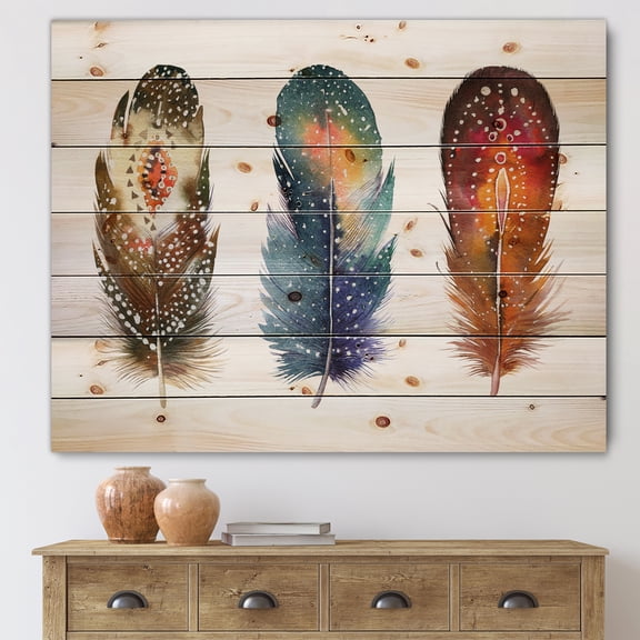Designart 'Colourful Boho Art Feather Set IX' Bohemian & Eclectic Print on Natural Pine Wood