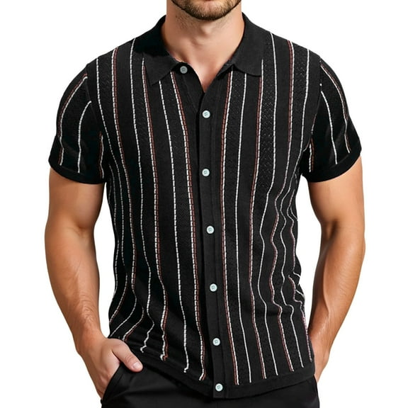 Hpapadks Summer Shirts for Men Short Sleeve Striped Button Down Lapel Blouses Stylish Lightweight Mens Dress Shirt Black L
