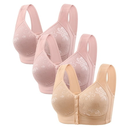 Gnurob 3 Pack Daisy Bras for Women No Underwire Bralette Front Closure Bra Comfort Senior Snap Closing Bralettes for Older Clearance Deals 06-Beige 3X-Large
