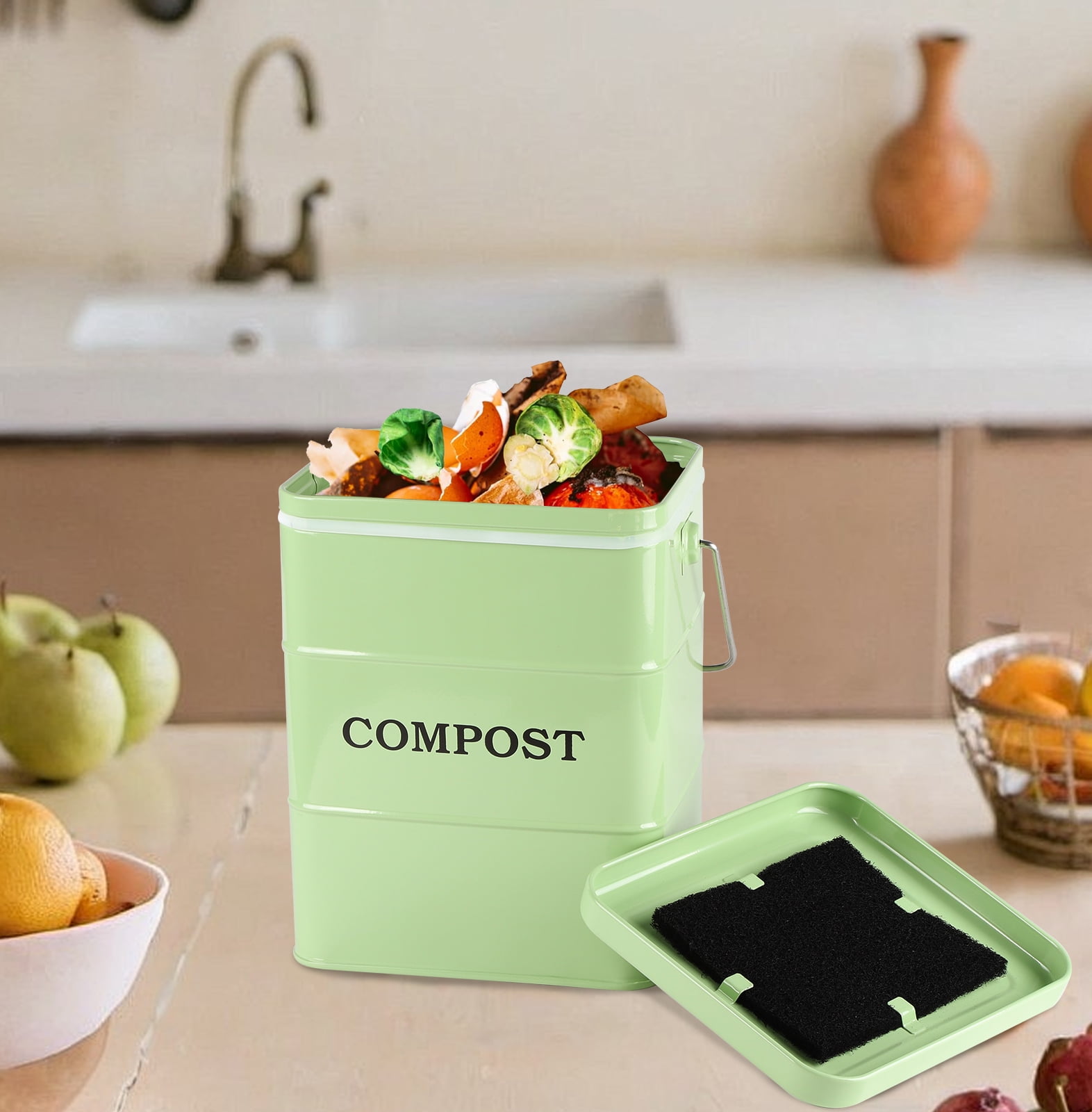 Pethiy 1 Gallon Compost Bucket for Kitchen, Countertop Indoor Compost Pail with Charcoal Filter for Odor-Free Food Scraps, Carbon Steel with Handles, Green