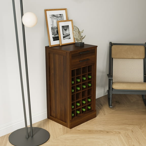 Noble House Wilbur 35.4" 24-Bottle Wine Cabinet, Modular Buffet, Grid Compact Bar Storage, Dining Room, Walnut