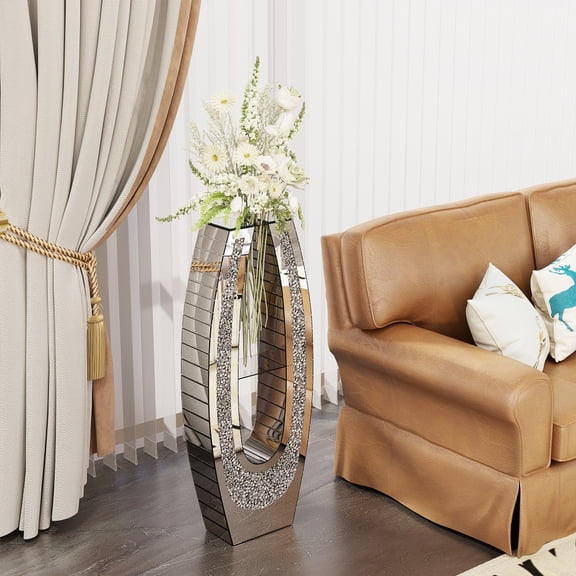 35.82" U-Shaped Tall Silver Glass Acrylic Crushed Diamond Floor Vase, Modern Decor for Living Room Office Entrance