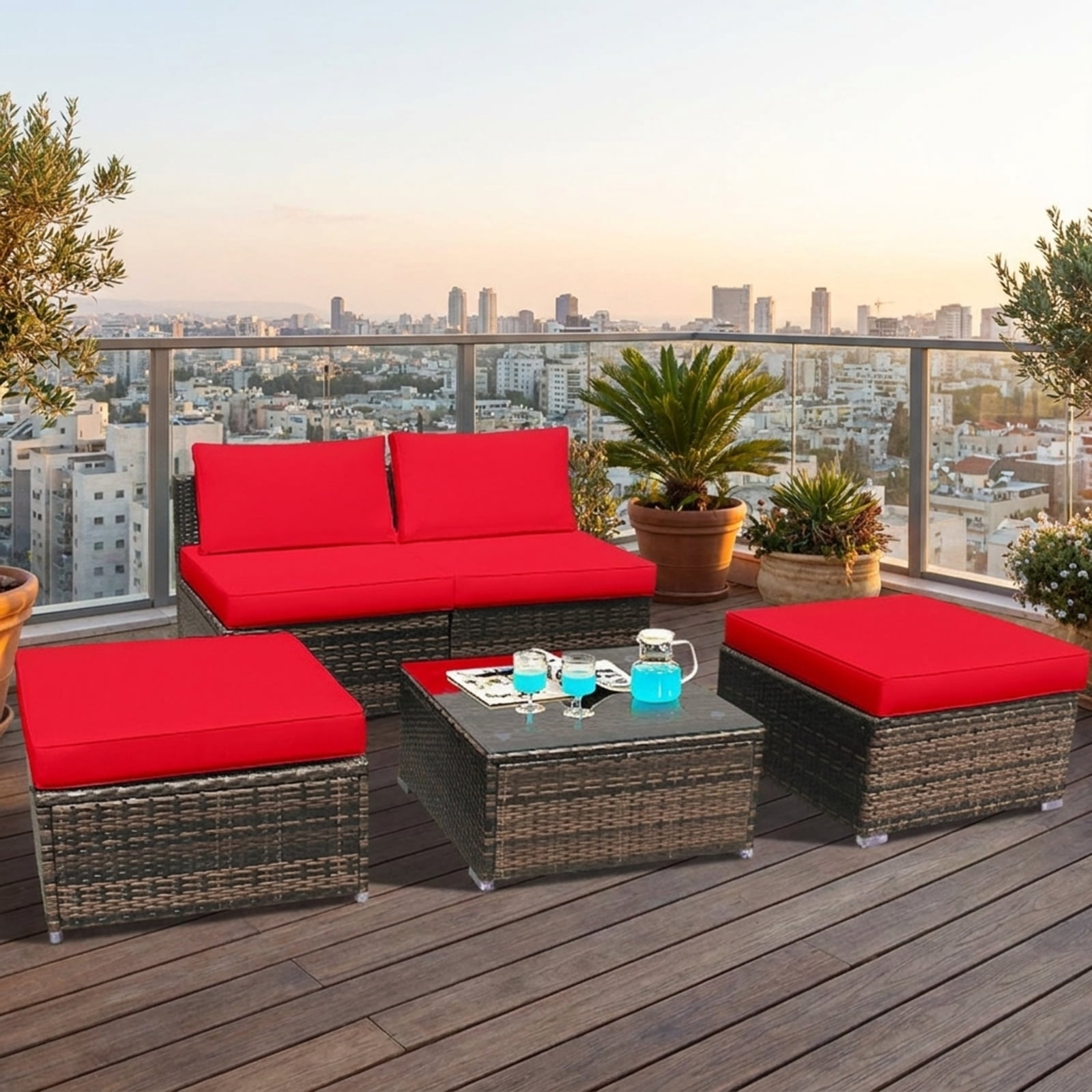 Furnibear 5 Piece Patio Furniture Set Outdoor Wicker Conversation Set with Cushioned Armless Sofas and Coffee Table for Garden Deck, Red