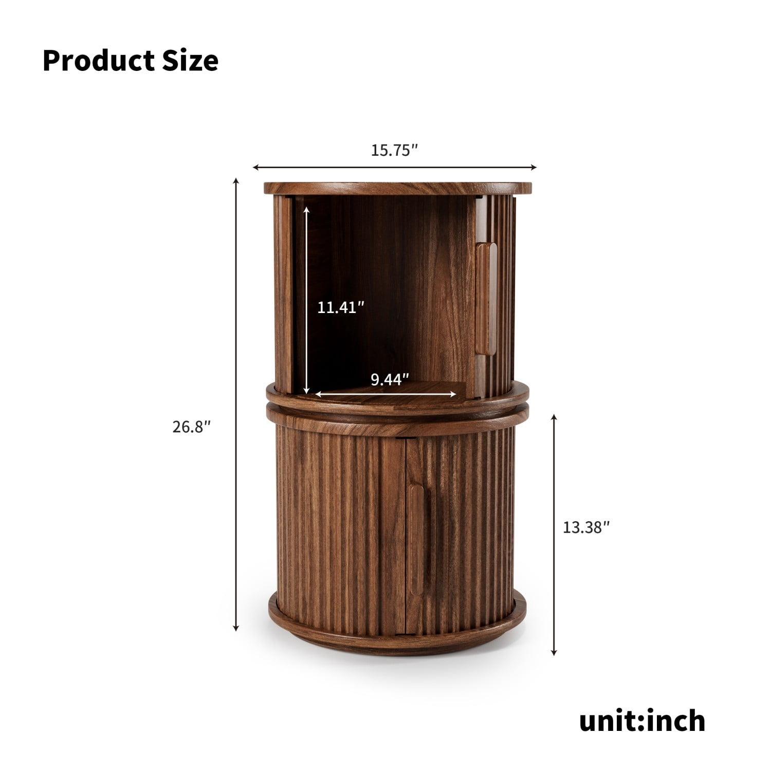 Set of 4 Round Coffee Tables with Sliding Door Storage, Modern Walnut Accent Side Tables, Fluted Roman Column End Tables & Bedside Nightstands for Living Room, Bedroom