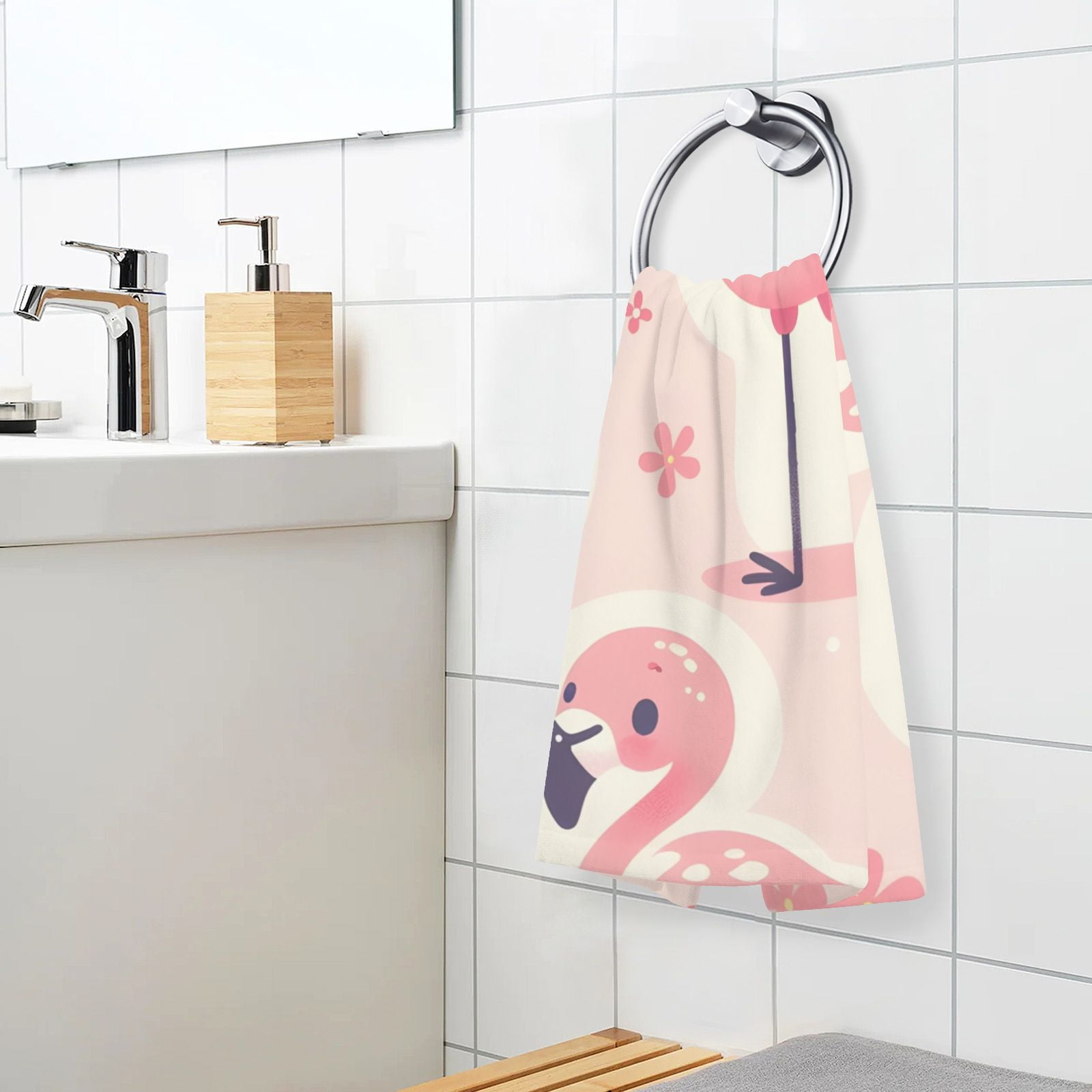 Flamingo and Flowers Pink Hand Towel Bath Towels Face Towels Cotton Absorbent for Home Hotel Spa Swimming Yoga Sports Decorative Towel Set of 2