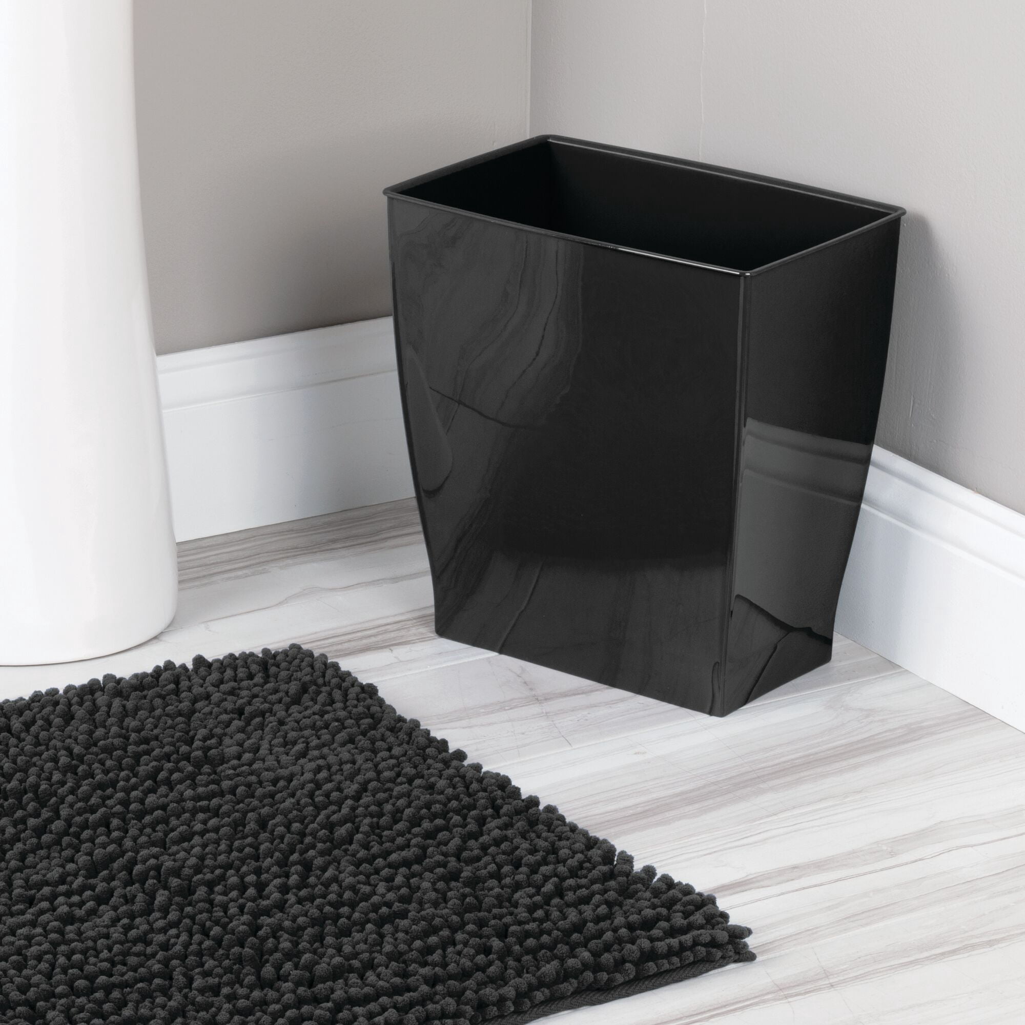 iDesign Bathroom Vanity Trash Can, 2.5 Gallon Plastic Rectangular Open Top Garbage Bin, 2 Pack, Black