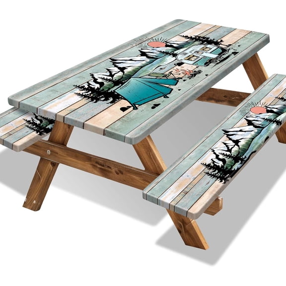 Picnic Table Cover with Bench Covers 6FT Outdoor Camping Essentials Waterproof Fitted Picnic Table Cloth Wood Texture Fitted Picnic Tablecloth with Elastic(3pcs-72")