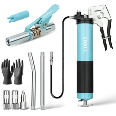 SHALL Grease Gun, 7000 PSI Heavy Duty Pistol Grip Grease Gun Kit w/Grease Gun Coupler, 18” Spring Flex Hose, Reinforced Coupler, 2 Extension Rigid Pipe, Sharp Nozzle, Fittings Cleaner | 14oz Load