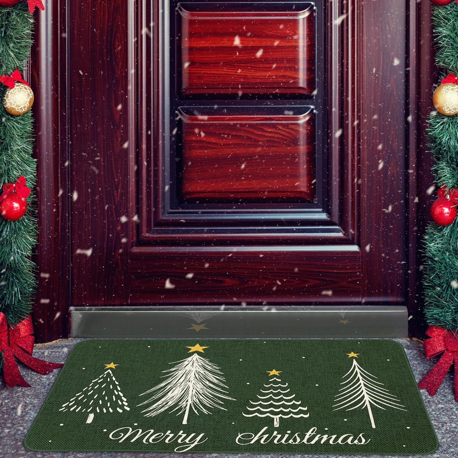 Christmas Door Mat 17x29 Inch Winter Doormat Decorative Outdoor Green Christmas Terr Decoration Indoor Outdoor Entrance Floor mat, Non Slip Welcome Party Decor