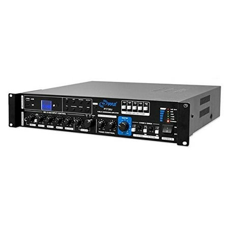 Stereo System Rack Multi-Channel Home Audio Power Amplifier - Mixer w/ 70V 100V Output - 375 Watt Rack Mount Stereo Receiver w/ 3.5mm AUX USB, Mic Talkover for PA System, Commercial Entertainment Use - Pyle PT730U ()