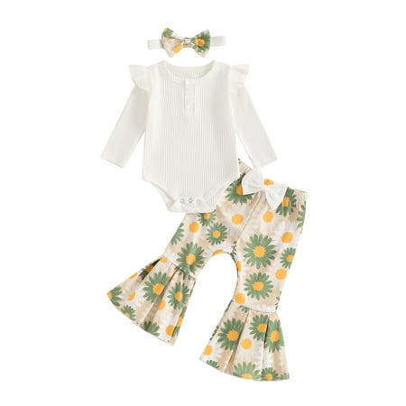 

Douhoow 3pcs Baby Girl Fall Outfits Newborn Infant Solid Long Sleeve Ribbed Romper Sunflower Flare Pants and Bow Headband