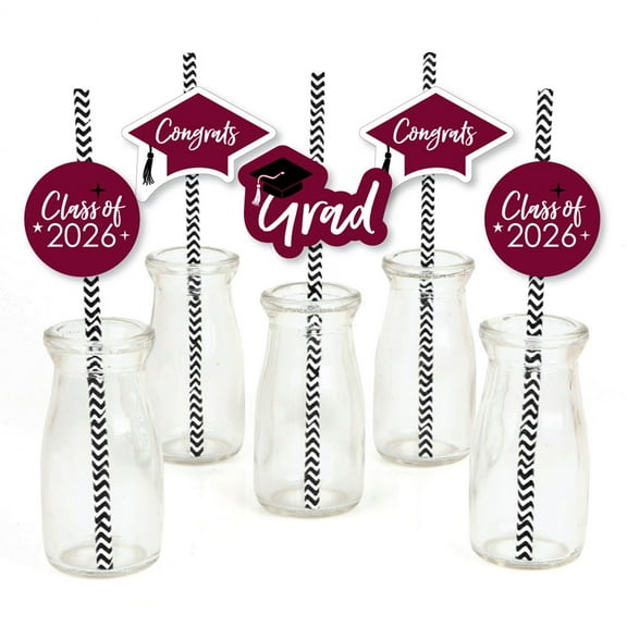 Big Dot of Happiness Maroon 2026 Graduation Paper Straw Decor - Party Striped Decorative Straws - Set of 24