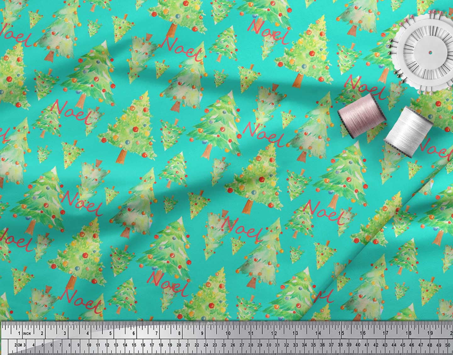 Soimoi Green Japan Crepe Satin Fabric Text & Christmas Tree Print Sewing Fabric Yard 42 Inch Wide