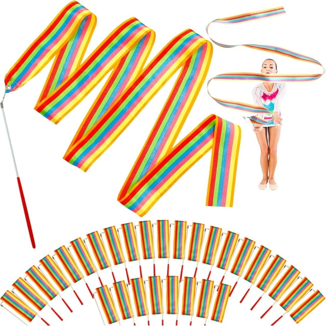48 Pieces Gymnastics Wands Dancing Dance Ribbons Streamers 6.6 Feet Artistic Rainbow Twirling Ribbons for Gymnastics Party Favors with Non Slip Handle