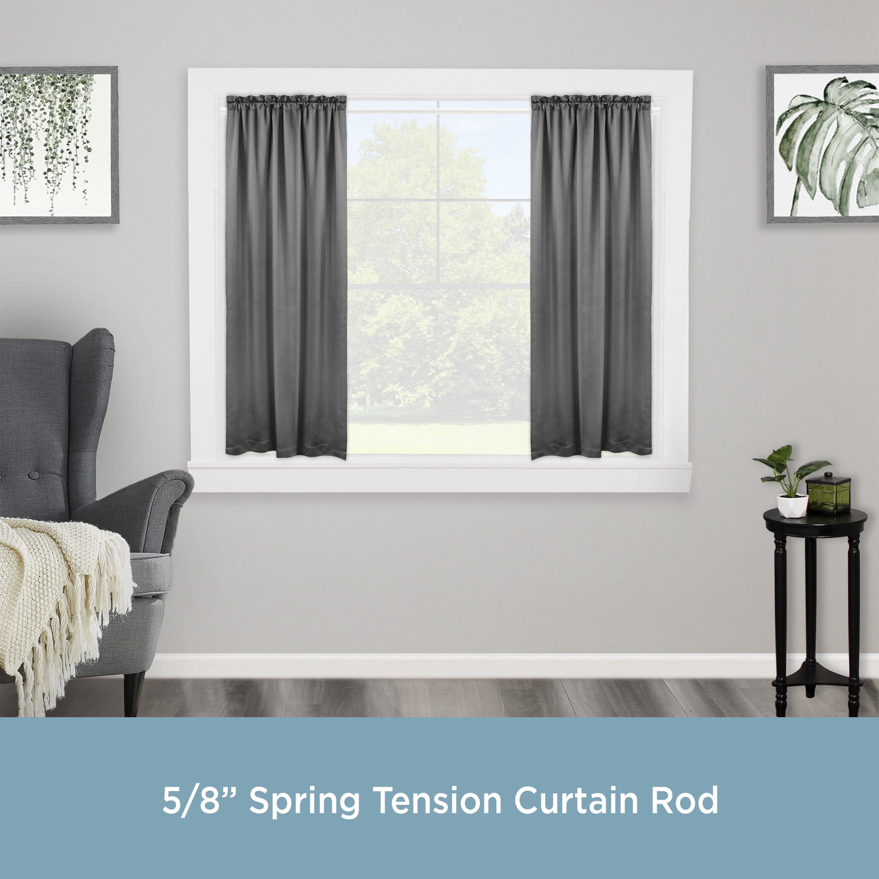 Kenney Carlisle Adjustable Spring Tension Curtain Rod, 5/8" Diameter, 48-75" Length, White Finish