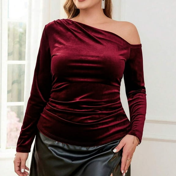 Karight Women's Plus Size Off Shoulder Ruched Velvet Tops Long Sleeve Slim Fit Tee Shirts Elegant Basic Top