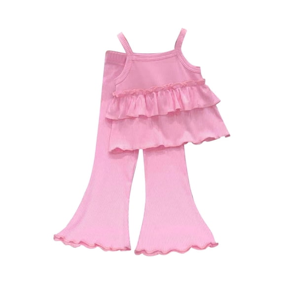 CPNG Girls Summer Outfits Solid Color Short Sleeve Suspender Tops Bell-Bottom Outfits 2Pcs Set Fashionable Casual Suit(Red,3-4 Years)