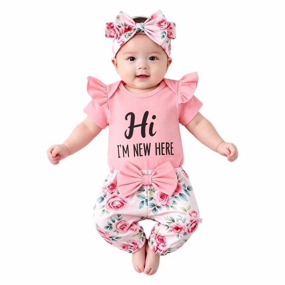 Ulitacool 0-3 Months Newborn Girl'S Outfits Summer Short Sleeve Bodysuit Cartoon Print Pants Hat Two Piece Matching Set Handsome Clothes Pink2