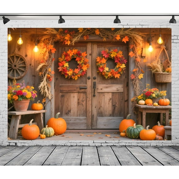 Fall Thanksgiving Backdrop Autumn Pumpkin Harvest Cowboy Barn Door Background Garland Maple Leaves for Thanksgiving Party Decorations Banner
