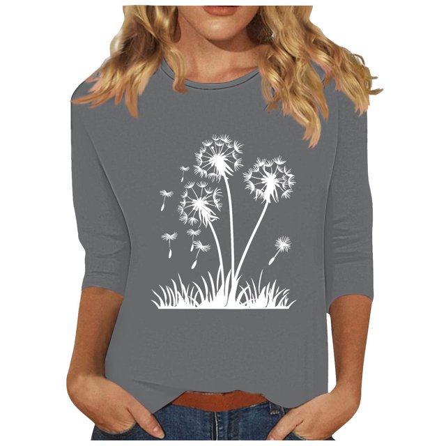 Plebaso Hauts pour Femmes Manches 3/4 Chemises Imprimées Décontractées Tuniques Col Rond Blouses pour Femmes