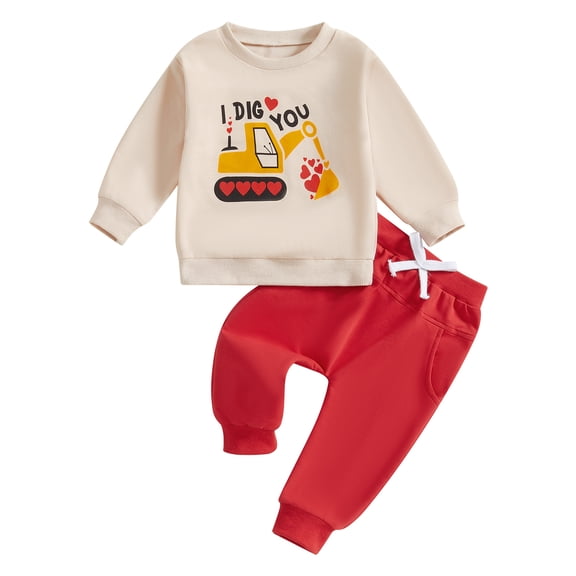 Toddler Kids Little Boy Girl Fall Outfit 12 18 24 Months 2T 3T 4T 5T Excavator Letter Print Long Sleeve Sweatshirt Solid Long Pants 2 Piece Clothing Set