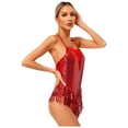 thumbnail image 3 of Raenseen Womens Sleeveless Sequin Leotard with Fringe Latin Jazz Chacha Ballroom Dance Costume Red XL, 3 of 7