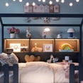 thumbnail image 3 of Mirightone Twin Size House Bed with LED Light and Fence Guardrails, Farmhouse Bed Frame for Girls Boys, Wood Montessori Floor Bed Frame with Storage Bookshelf, (Navy Blue), 3 of 10