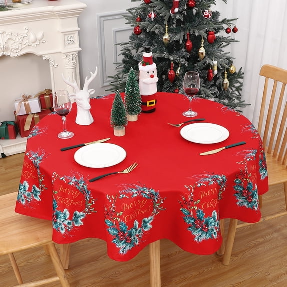 Christmas Table Cloth, Waterproof Spillproof Xmas Wreath Print Tablecloth Decor