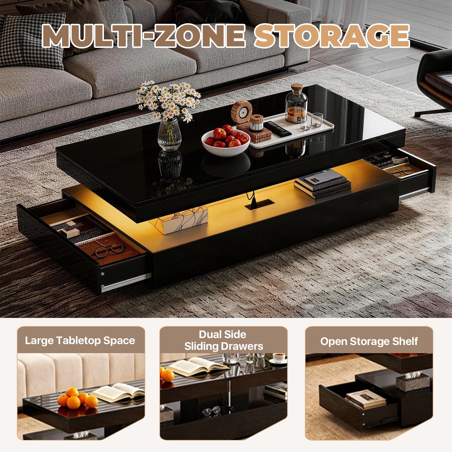 BaPiPro LED Coffee Table with 2 Storage Drawers, Modern Center Table with USB Charging & Smart Control for Living Room, 39" Black