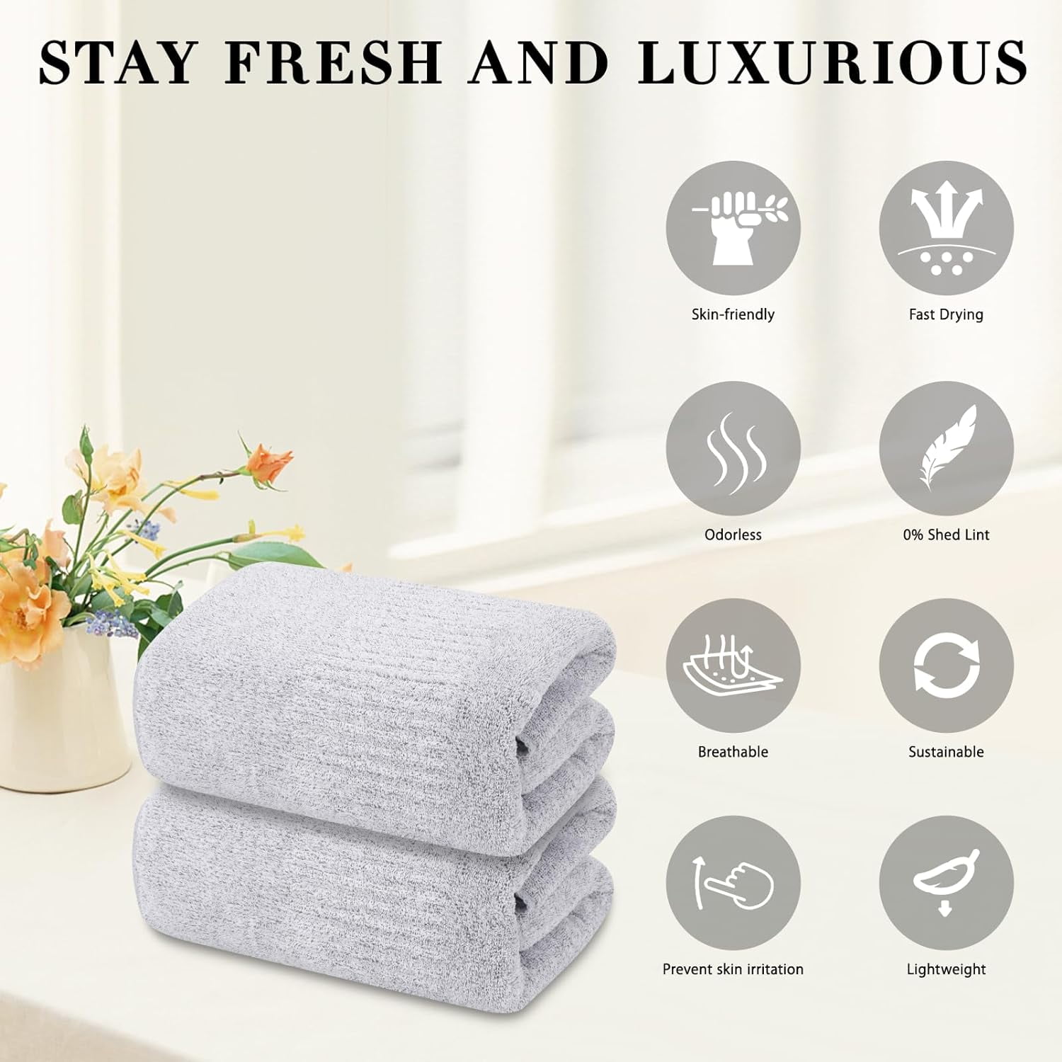 2-Pack 27" x 54" Bath Towels 30%  Viscose Made from Bamboo Ultra Soft & Highly Absorbent Solid Premium Bath Towels for Bathroom, Hotels, Spa and Gym, Light Gray