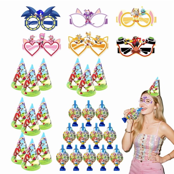 Sonic Party Supplies, 36pcs Sonic Birthday Decorations - Blue Birthday Hats, Blowers & Glasses for Sonic Party Favors, High-Speed Noisemakers