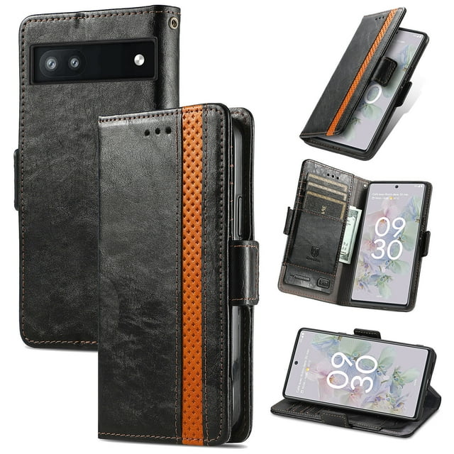 Case for Google Pixel 6A Cover Leather Wallet Folio Case Book Design Flip Magnetic Closure - Black
