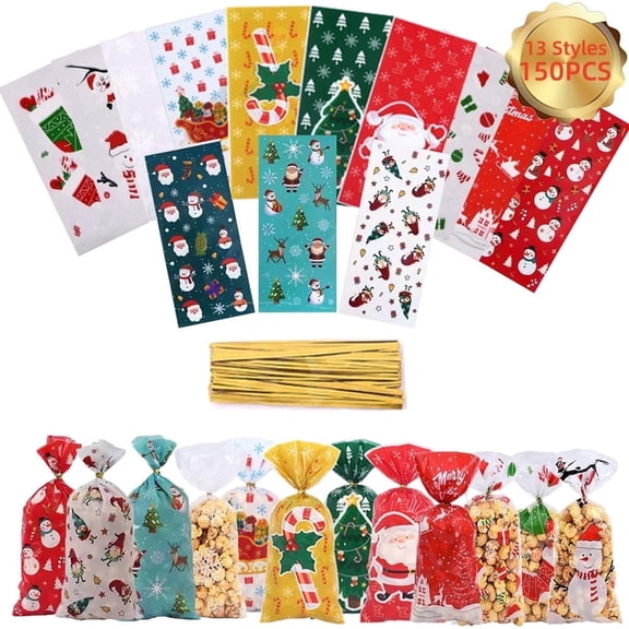 Youersen Christmas Cellophane Treat Bags with Twist Ties, 150 Pieces for Xmas Party Goodies