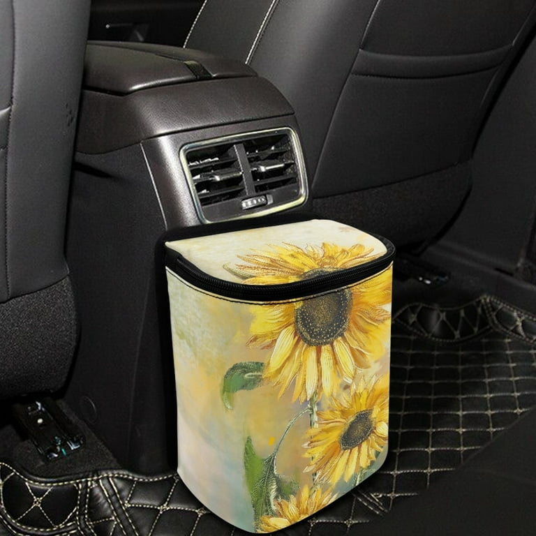 Bivenant Store Sunflower Printed Car Trash Can with Lid and Storage  Pockets,Leak-Proof Car Organizer,Waterproof Car Garbage Can, Multipurpose  Trash