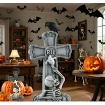 Halloween Decorations Outdoor Gravestones,Halloween Tombstones Cross-Shaped R.I.P Halloween Headstones with Skeleton & Crow,Resin Tombstone Decor for Party,Graveyard,Garden,Lawn Headstones