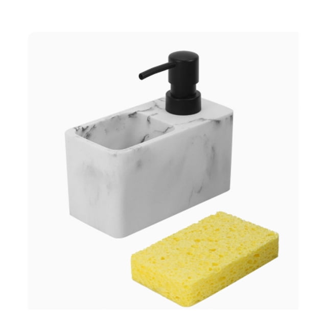 Dispensador de jabón para platos de resina blanca con patrón de mármol con soporte de esponja para fregadero de cocina, organizador de encimera para fregadero de cocina y baño