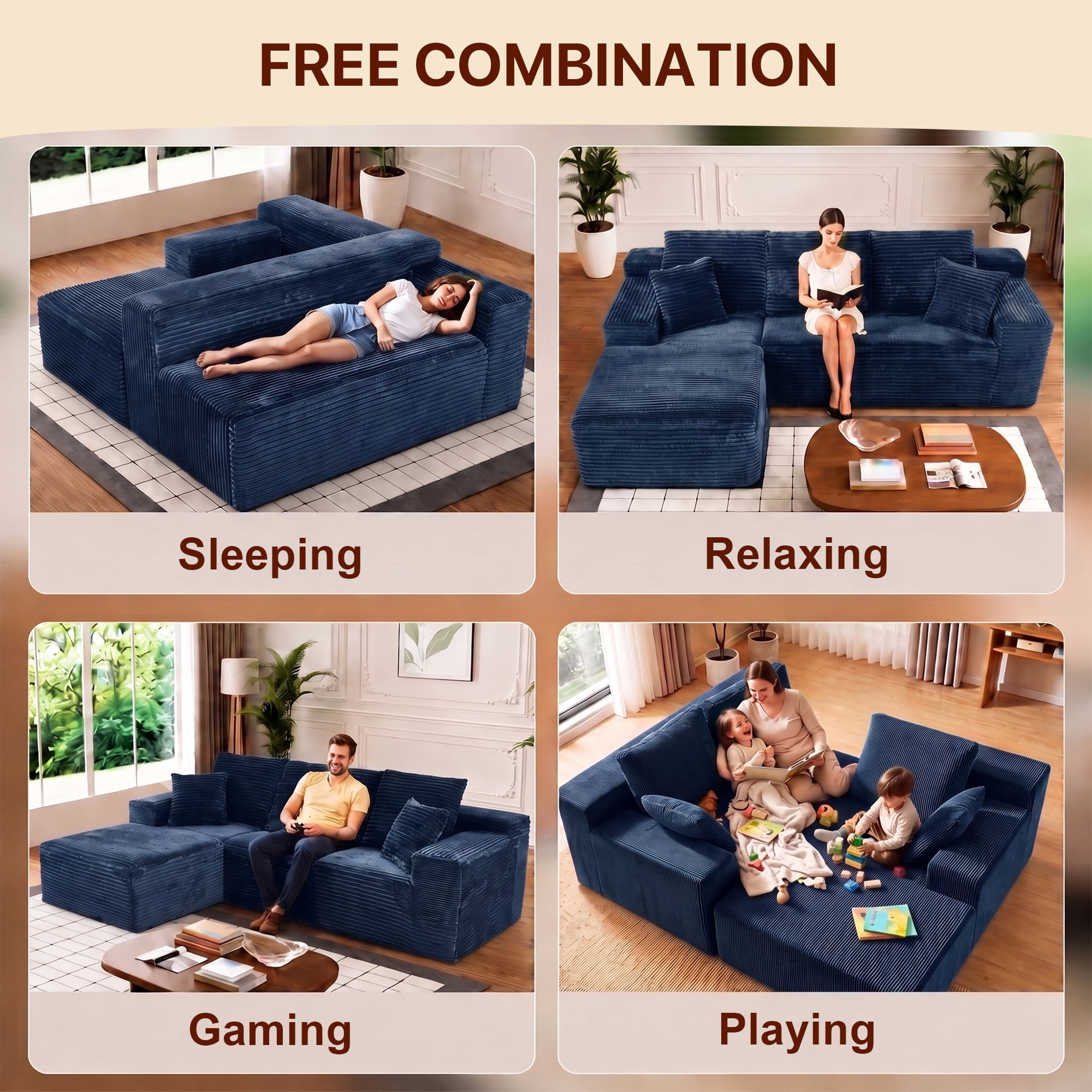Aukfa 108" Cloud Sectional Sofa Deep Seat Boneless Couch Modular L-Shaped Couch, Left Chaise Corduroy Sofa for Living Room, Blue