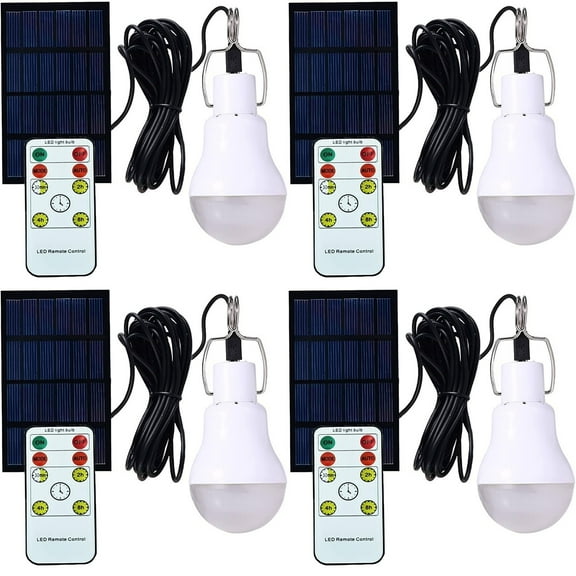 4 Packs Indoor/Outdoor Solar Light Bulbs with Timer, LED Solar Lights for Chicken Coop, Home, Emergency Power Outage, Remote Control Included