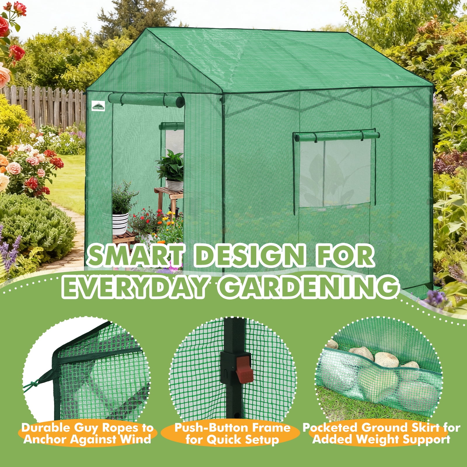 EAGLE PEAK 8x8 FT Portable Walk-in Greenhouse, Pop up Outdoor Green House with Power Access Openings, Green