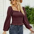 thumbnail image 3 of Defitshape Women's Long Sleeve T Shirt Crop Top Puff Sleeve Cute Summer Beach Fitted Square Neck Lightweight Shirt Burgundy Large, 3 of 4